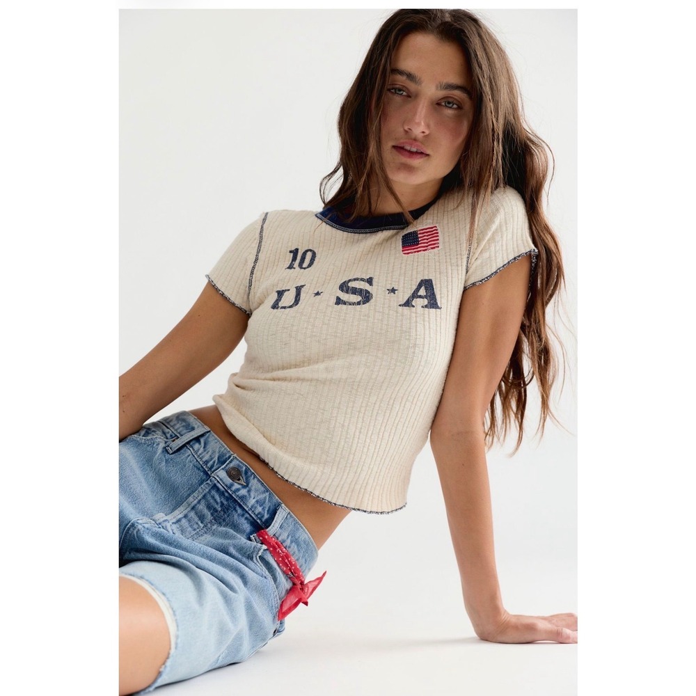 Free People X Ragabond Farrah Flag Tee XL USA patriotic holiday new NWT red blue
